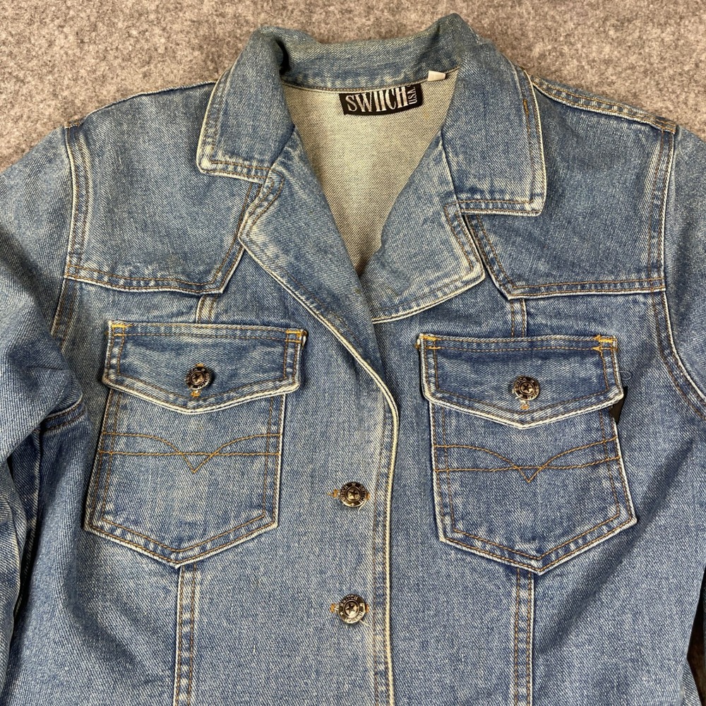 VTG Switch Denim Jacket Women's Large Blue Frayed Hem Blue Made in USA